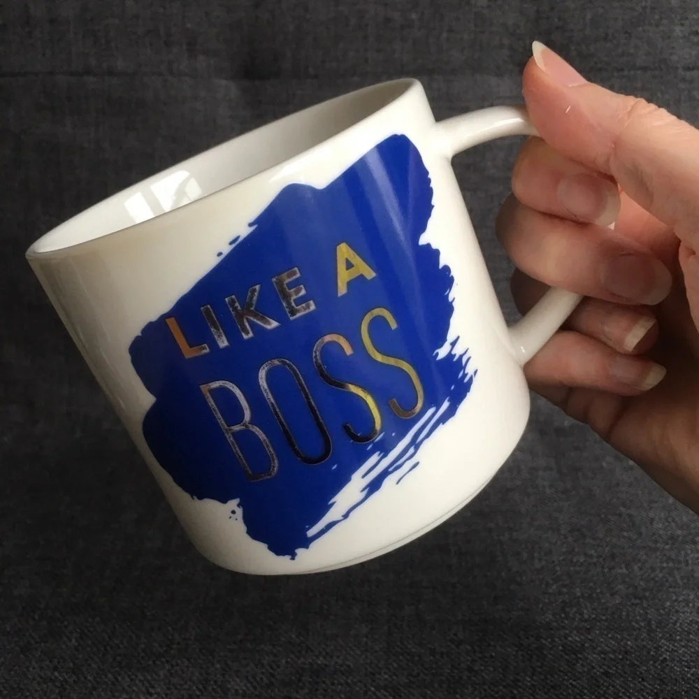 “LIKE A BOSS” Coffee Mug, White, Navy Blue, Gold Foil, 15 oz